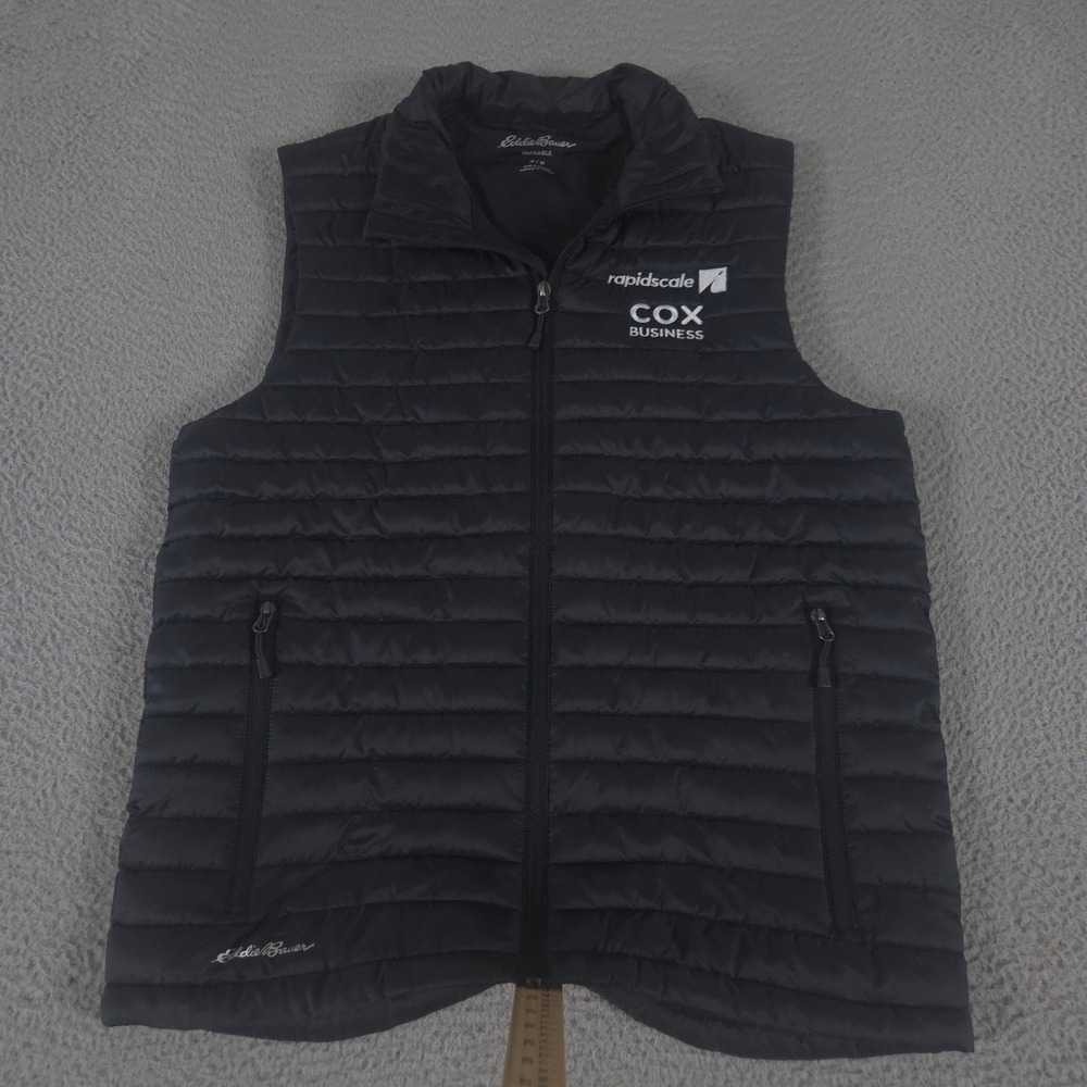 Eddie Bauer Vest Mens Medium Black Packable Quilted Rapidscale Cox Business Logo